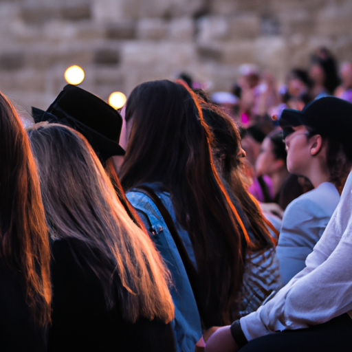 תמונה המציגה קהל של אזרחי ירושלים, מרקעים שונים, הנהנים מקונצרט מוזיקלי במרכז העיר.