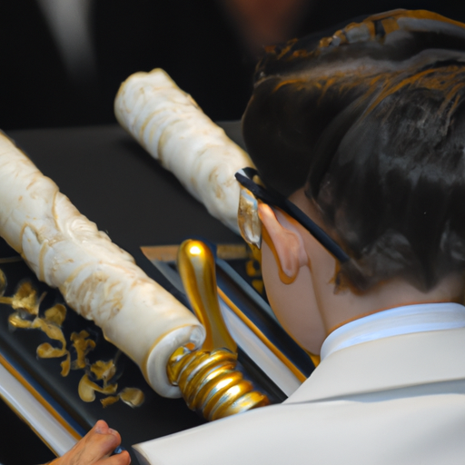 צילום של נער צעיר קורא מהתורה במהלך טקס בר המצווה שלו, הממחיש את המשמעות הדתית של האירוע