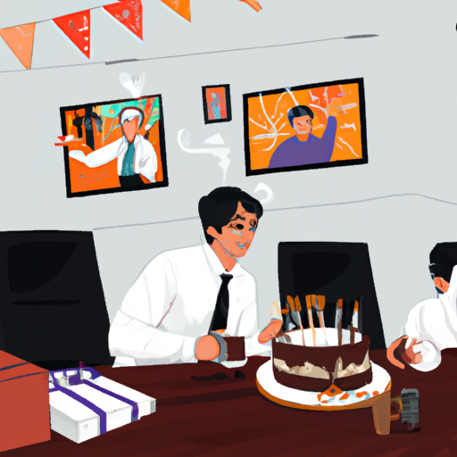 המחשה של חגיגת יום הולדת במשרד, תוך הדגשת תפקידן של מצגות יום הולדת בסביבה מקצועית.