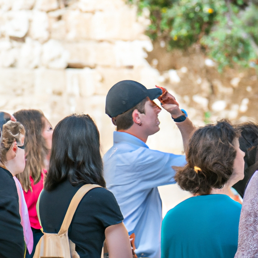 A group of tourists attentively listening to a tour guide in front of the Western Wall.